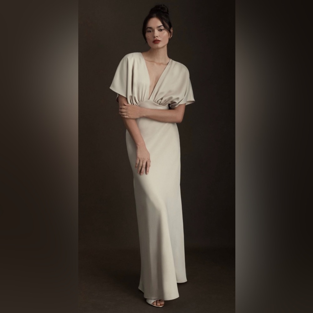 BHLDN Leila Deep-V Flutter-Sleeve Satin A-Line Gown